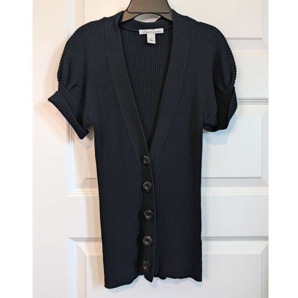Kenneth Cole Black Ribbed Short Sleeve Button-Front Cardigan